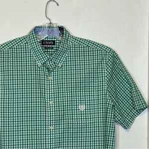 Chaps Men's Green Plaid Button-Down Short‎ Sleeve Shirt Size L Bin5